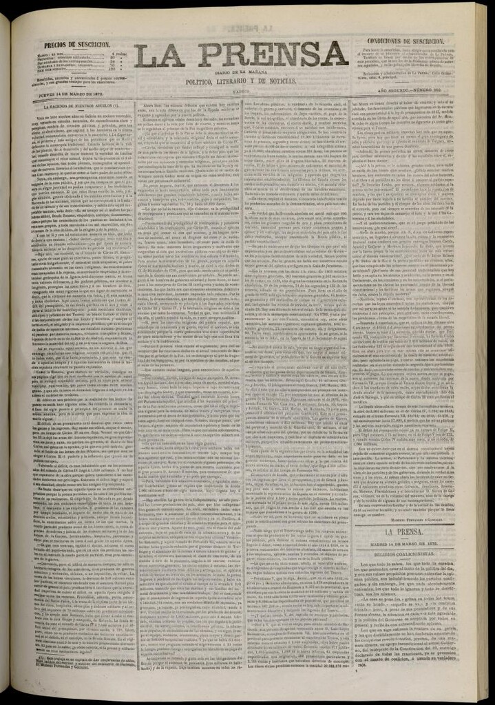 Miniatura de La Prensa : diario de la mañana : político, literario y de noticias del 14 de marzo de 1872, nº 282
