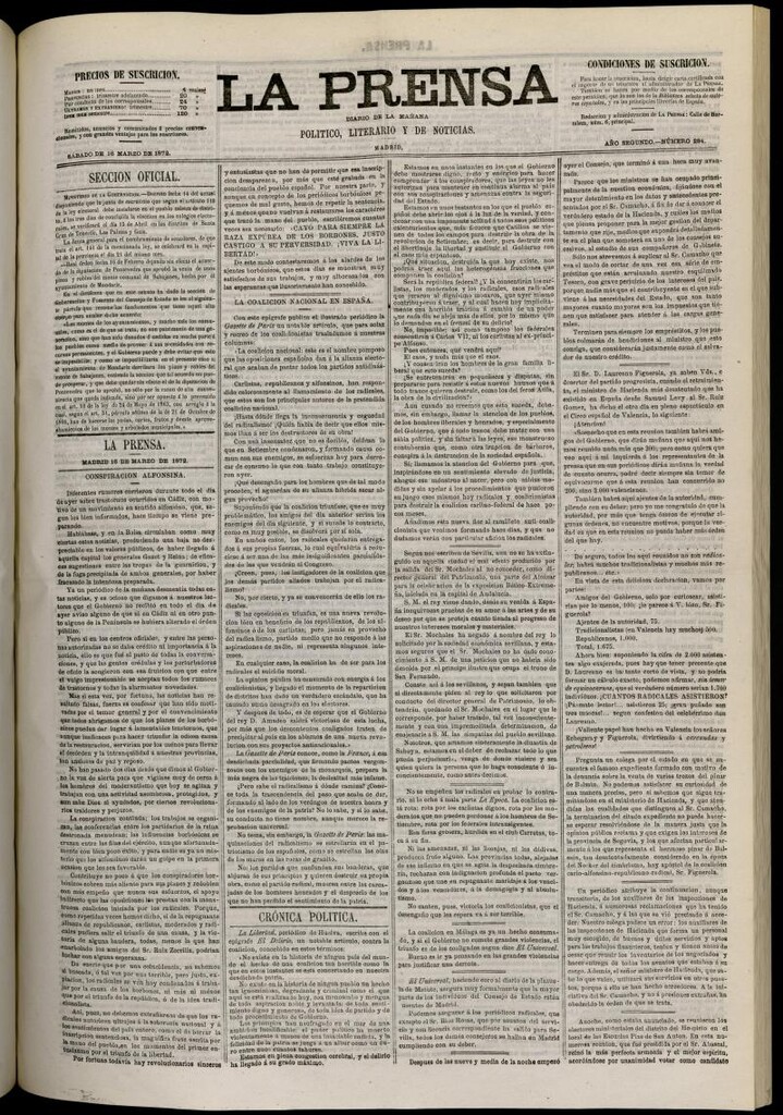 Miniatura de La Prensa : diario de la mañana : político, literario y de noticias del 16 de marzo de 1872, nº 284