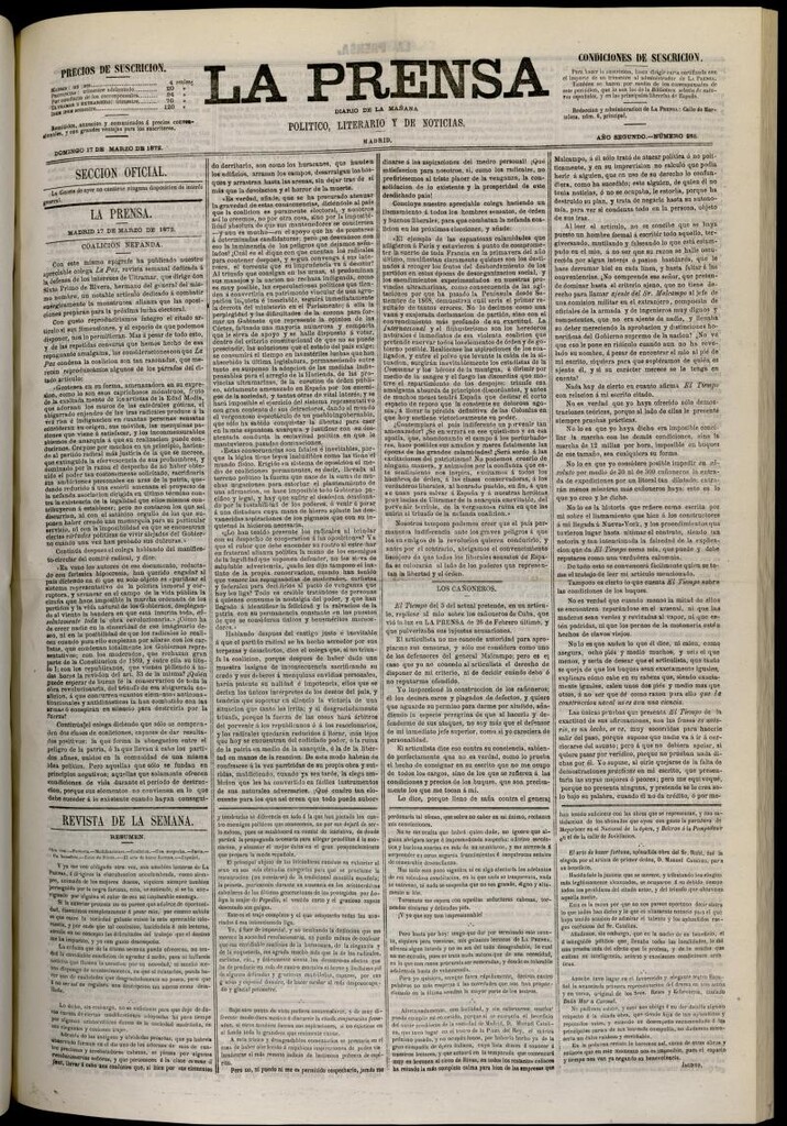 Miniatura de La Prensa : diario de la mañana : político, literario y de noticias del 17 de marzo de 1872, nº 285