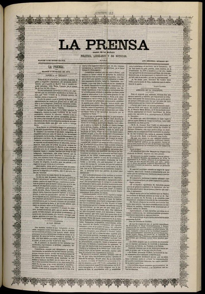 Miniatura de La Prensa : diario de la mañana : político, literario y de noticias del 19 de marzo de 1872, nº 287