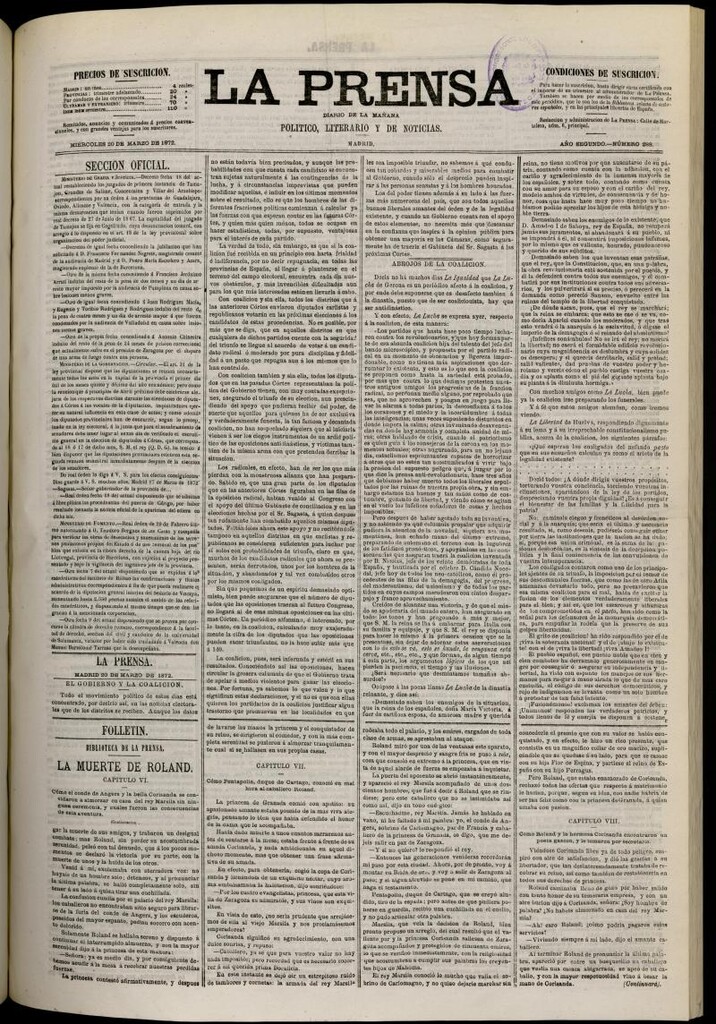 Miniatura de La Prensa : diario de la mañana : político, literario y de noticias del 20 de marzo de 1872, nº 288