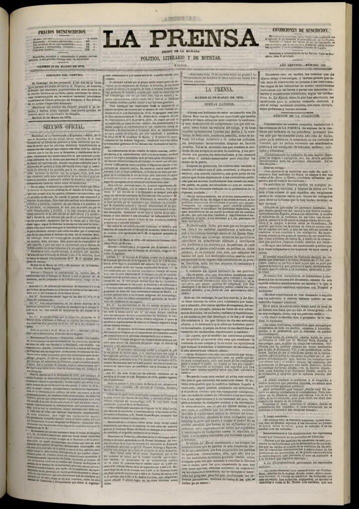 Miniatura de La Prensa : diario de la mañana : político, literario y de noticias del 22 de marzo de 1872, nº 290