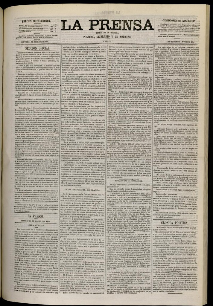Miniatura de La Prensa : diario de la mañana : político, literario y de noticias del 21 de marzo de 1872, nº 286