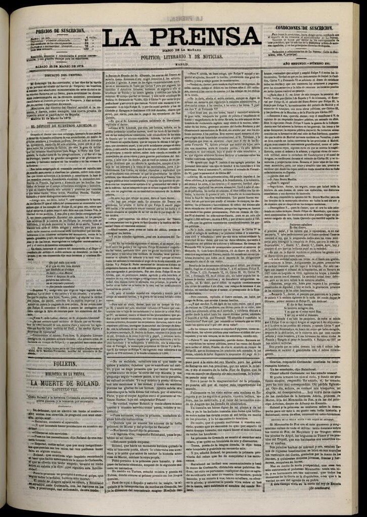 Miniatura de La Prensa : diario de la mañana : político, literario y de noticias del 23 de marzo de 1872, nº 291