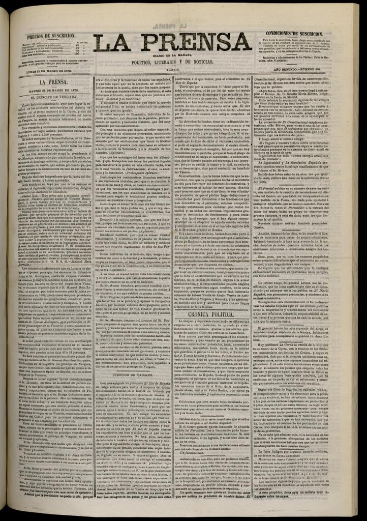 Miniatura de La Prensa : diario de la mañana : político, literario y de noticias del 25 de marzo de 1872, nº 293