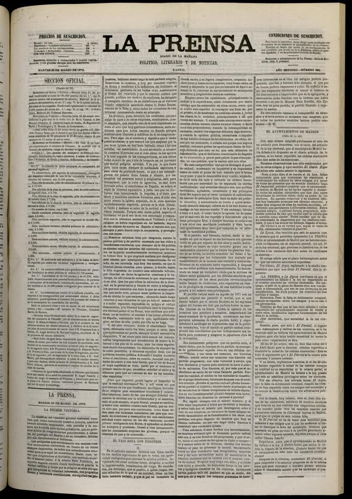 Miniatura de La Prensa : diario de la mañana : político, literario y de noticias del 26 de marzo de 1872, nº 294