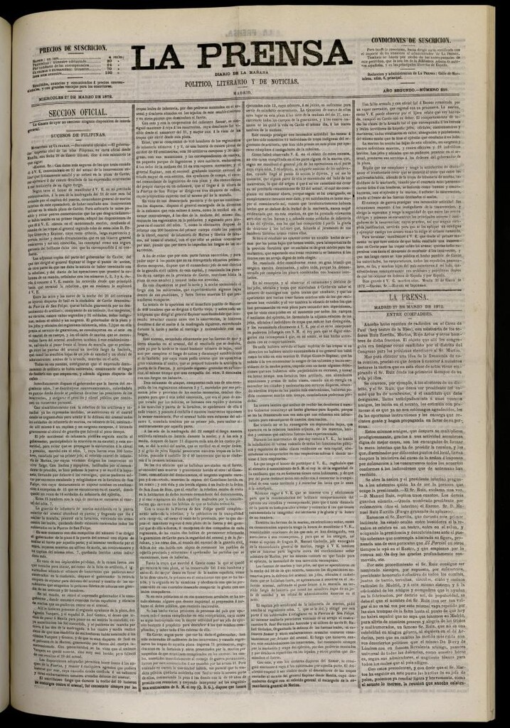 Miniatura de La Prensa : diario de la mañana : político, literario y de noticias del 27 de marzo de 1872, nº 295