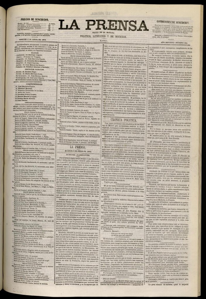 Miniatura de La Prensa : diario de la mañana : político, literario y de noticias del 2 de abril de 1872, nº 299