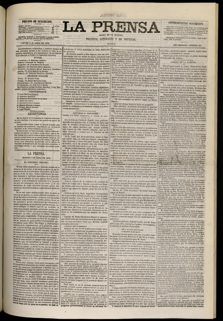 Miniatura de La Prensa : diario de la mañana : político, literario y de noticias del 4 de abril de 1872, nº 301