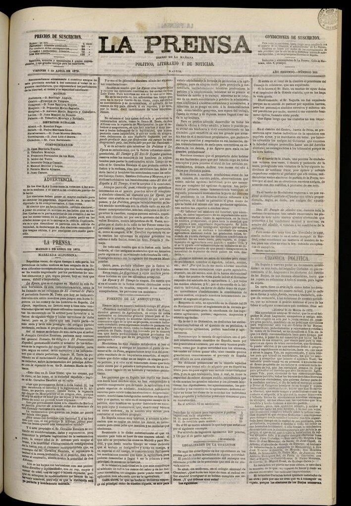 Miniatura de La Prensa : diario de la mañana : político, literario y de noticias del 5 de abril de 1872, nº 302