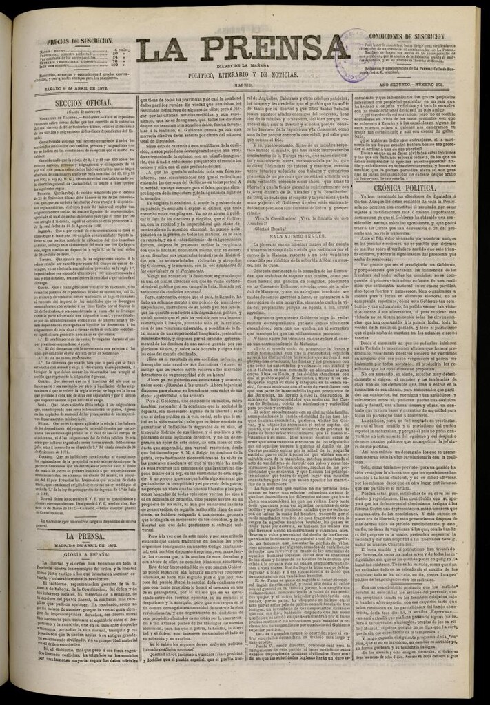 Miniatura de La Prensa : diario de la mañana : político, literario y de noticias del 6 de abril de 1872, nº 303