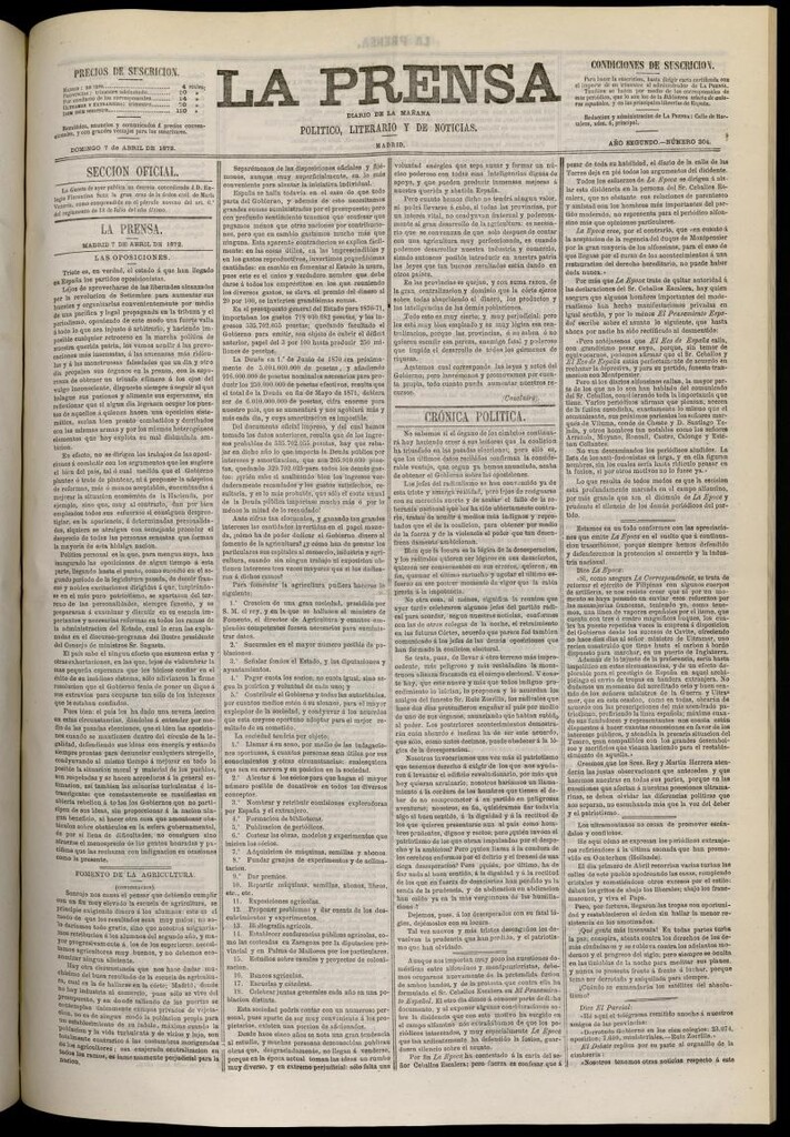 Miniatura de La Prensa : diario de la mañana : político, literario y de noticias del 7 de abril de 1872, nº 304
