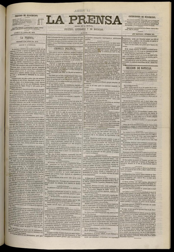 Miniatura de La Prensa : diario de la mañana : político, literario y de noticias del 8 de abril de 1872, nº 305