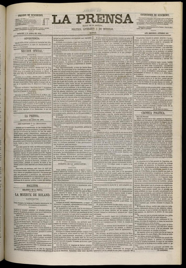 Miniatura de La Prensa : diario de la mañana : político, literario y de noticias del 9 de abril de 1872, nº 306