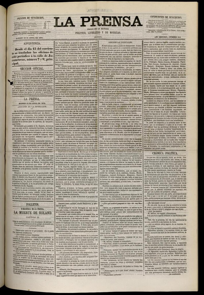 Miniatura de La Prensa : diario de la mañana : político, literario y de noticias del 13 de abril de 1872, nº 310