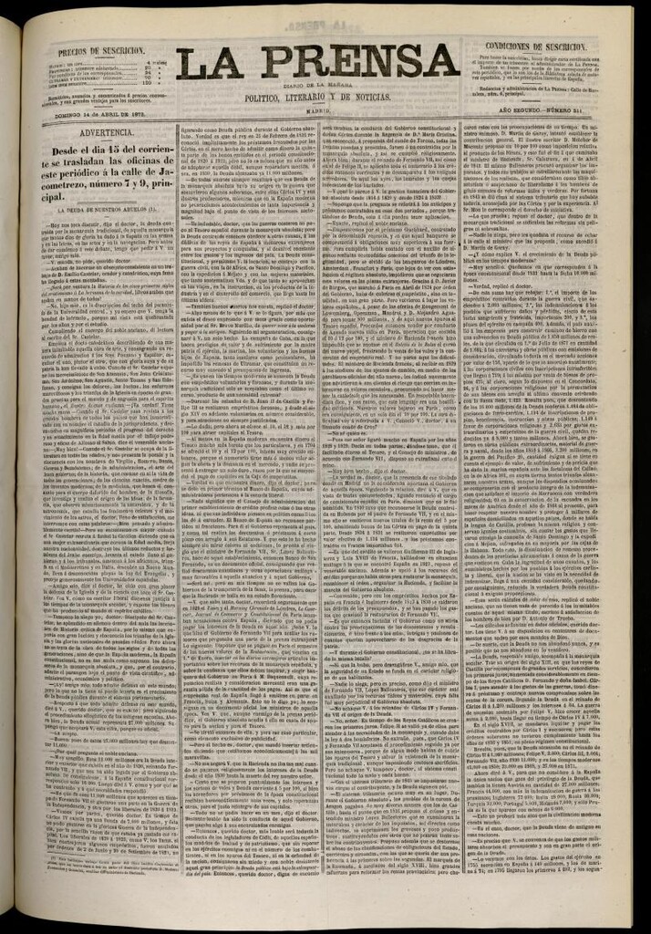 Miniatura de La Prensa : diario de la mañana : político, literario y de noticias del 14 de abril de 1872, nº 311