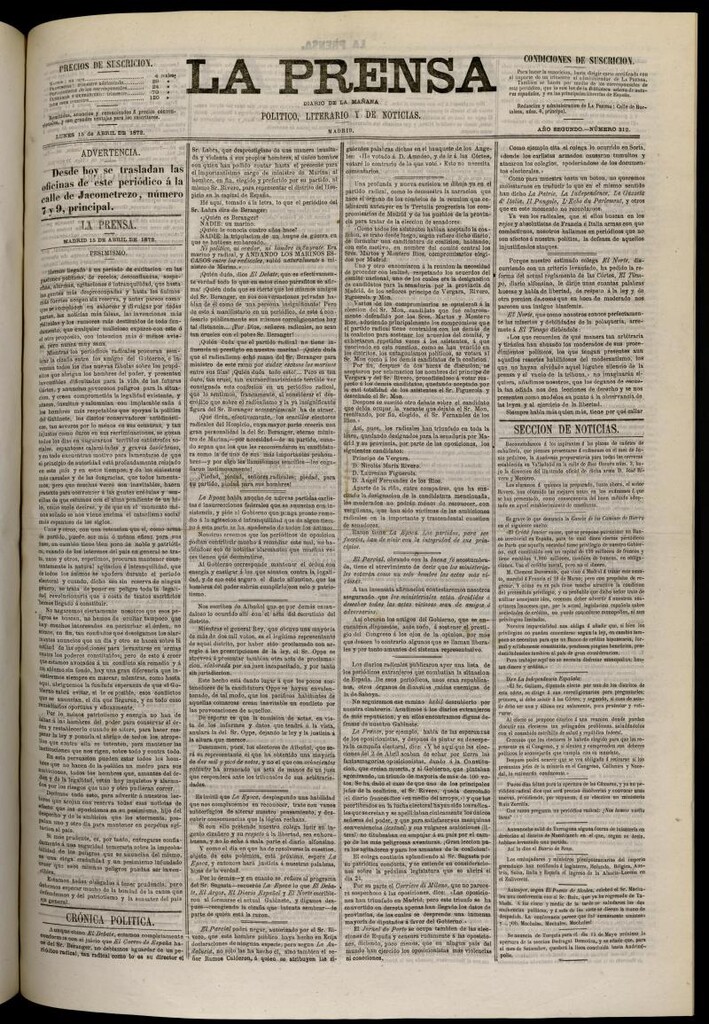 Miniatura de La Prensa : diario de la mañana : político, literario y de noticias del 15 de abril de 1872, nº 312
