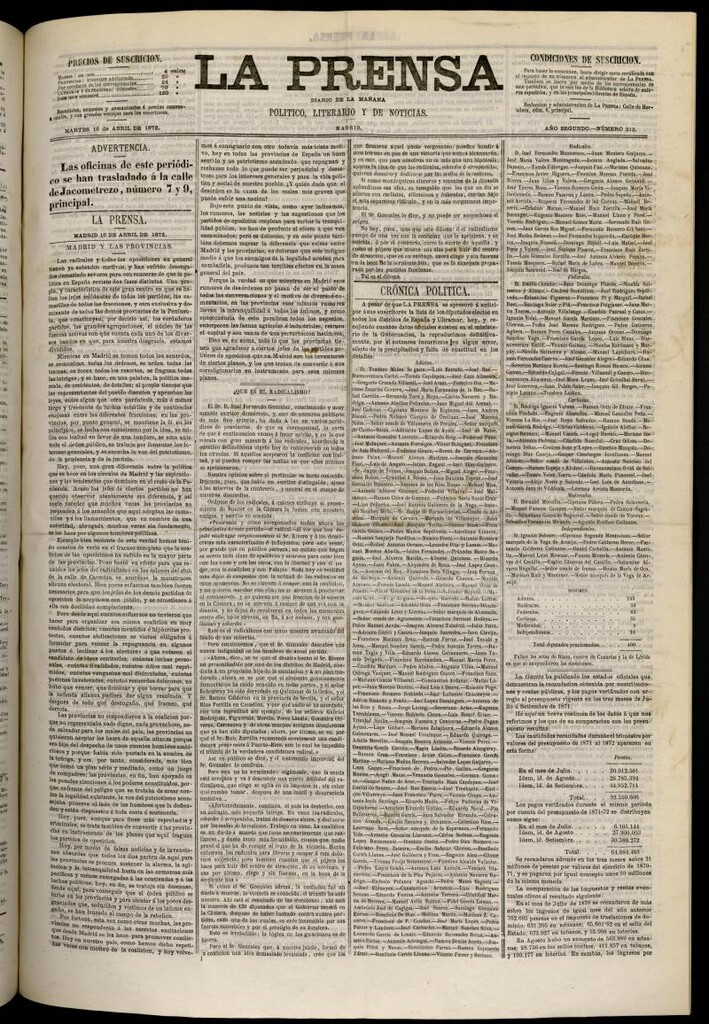 Miniatura de La Prensa : diario de la mañana : político, literario y de noticias del 16 de abril de 1872, nº 313