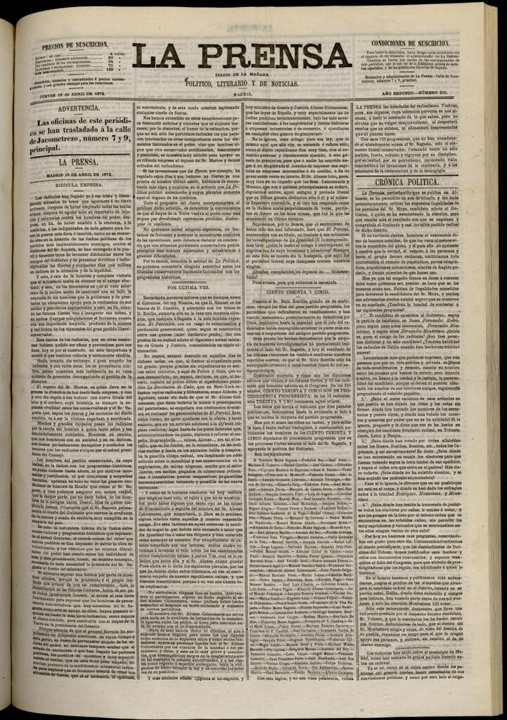 Miniatura de La Prensa : diario de la mañana : político, literario y de noticias del 18 de abril de 1872, nº 315