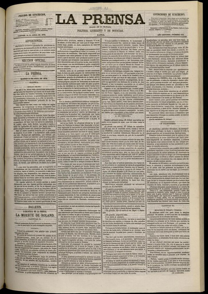 Miniatura de La Prensa : diario de la mañana : político, literario y de noticias del 19 de abril de 1872, nº 316