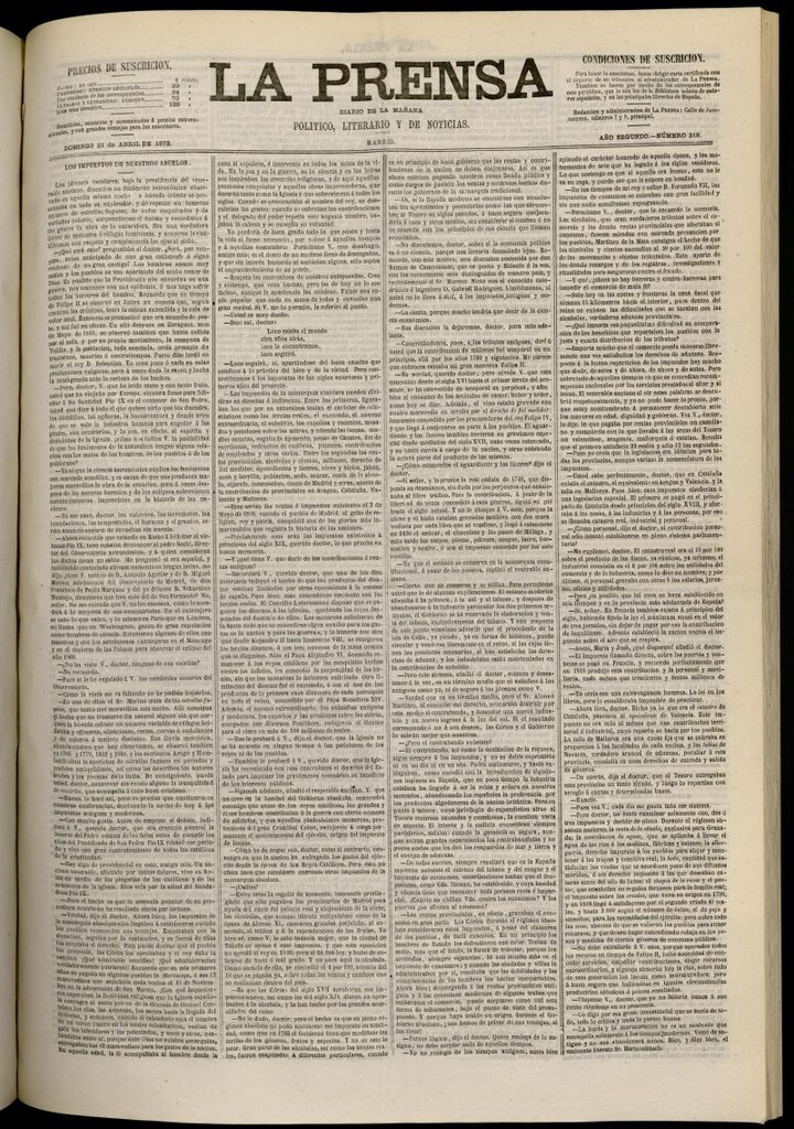 Miniatura de La Prensa : diario de la mañana : político, literario y de noticias del 21 de abril de 1872, nº 318