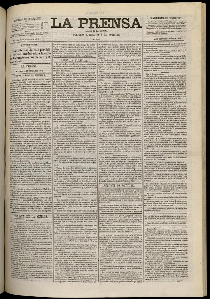 Miniatura de La Prensa : diario de la mañana : político, literario y de noticias del 22 de abril de 1872, nº 319