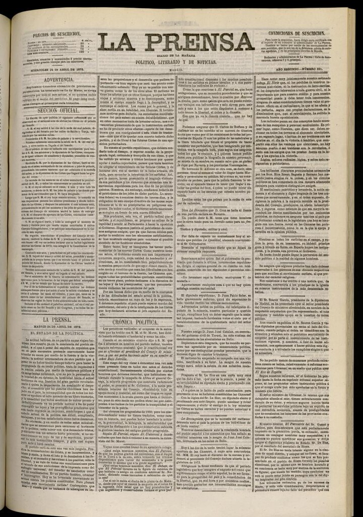 Miniatura de La Prensa : diario de la mañana : político, literario y de noticias del 24 de abril de 1872, nº 321