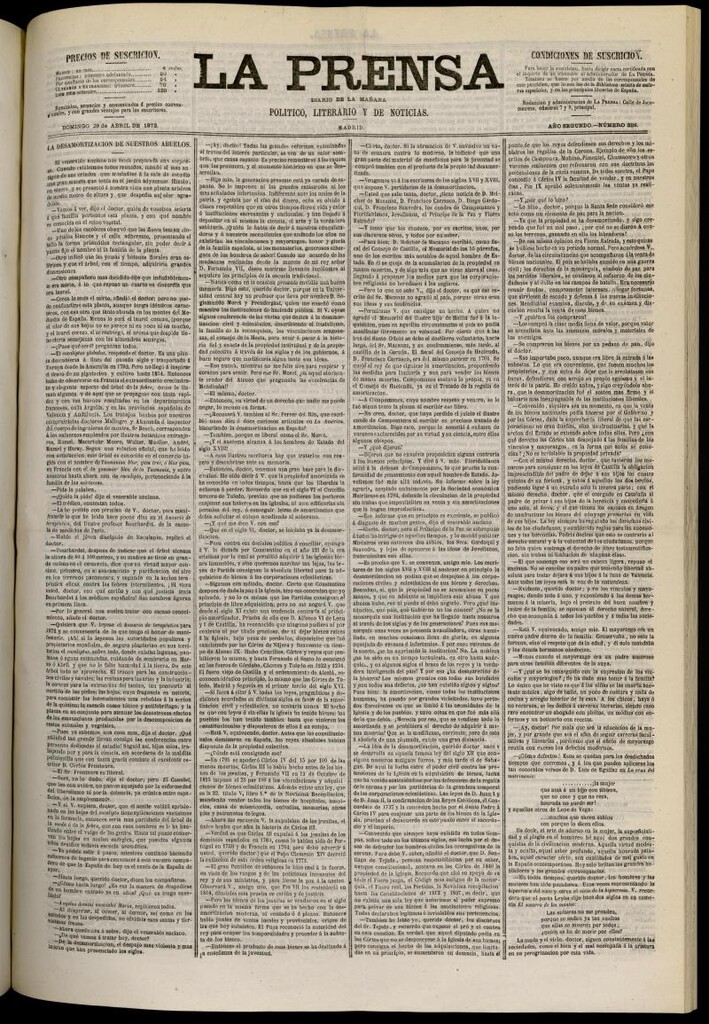 Miniatura de La Prensa : diario de la mañana : político, literario y de noticias del 28 de abril de 1872, nº 328