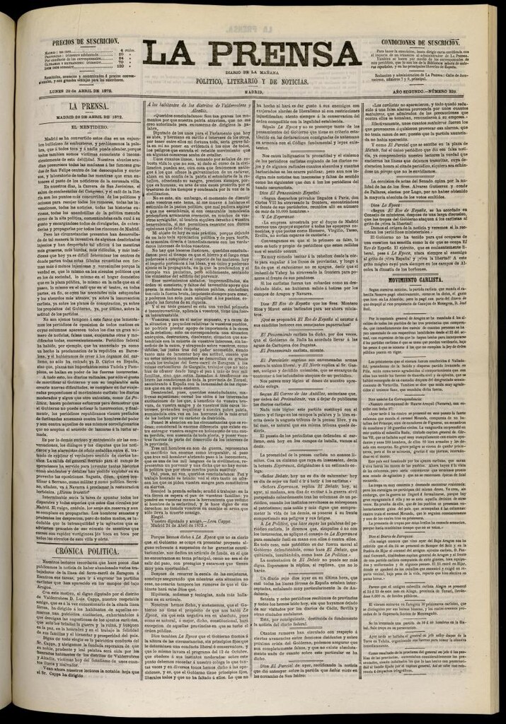 Miniatura de La Prensa : diario de la mañana : político, literario y de noticias del 29 de abril de 1872, nº 329