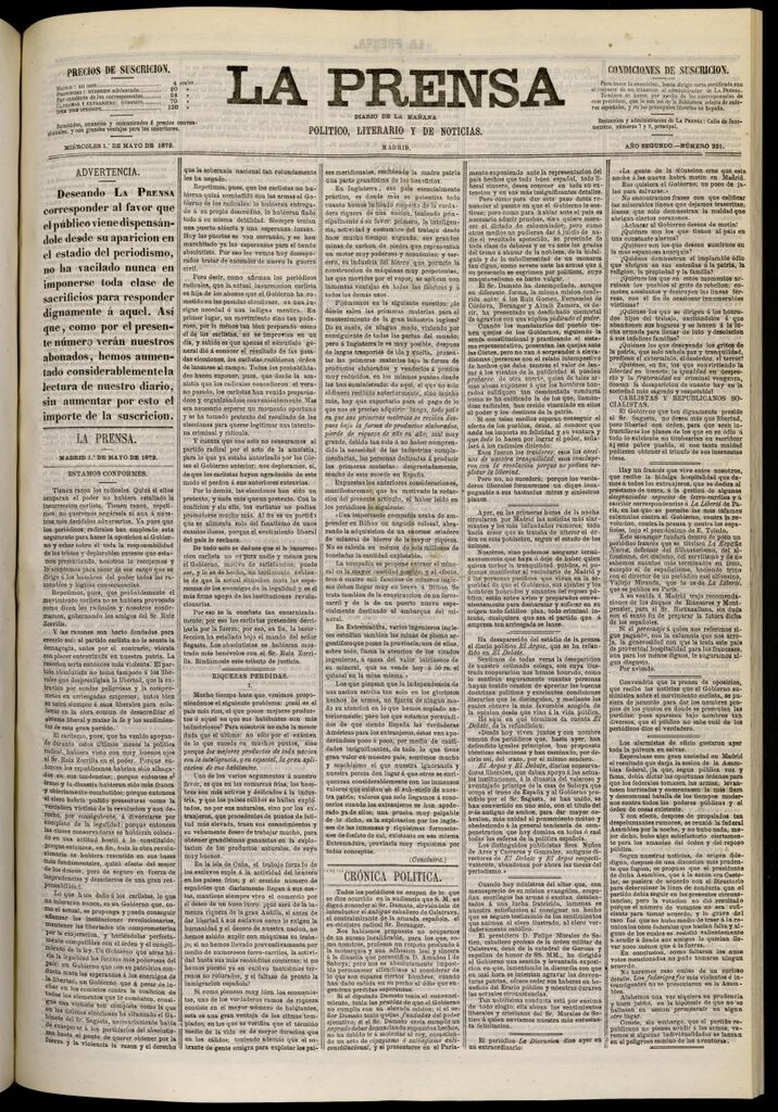 Miniatura de La Prensa : diario de la mañana : político, literario y de noticias del 1 de mayo de 1872, nº 331