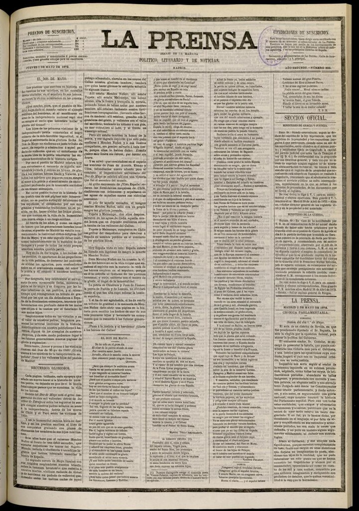 Miniatura de La Prensa : diario de la mañana : político, literario y de noticias del 2 de mayo de 1872, nº 332