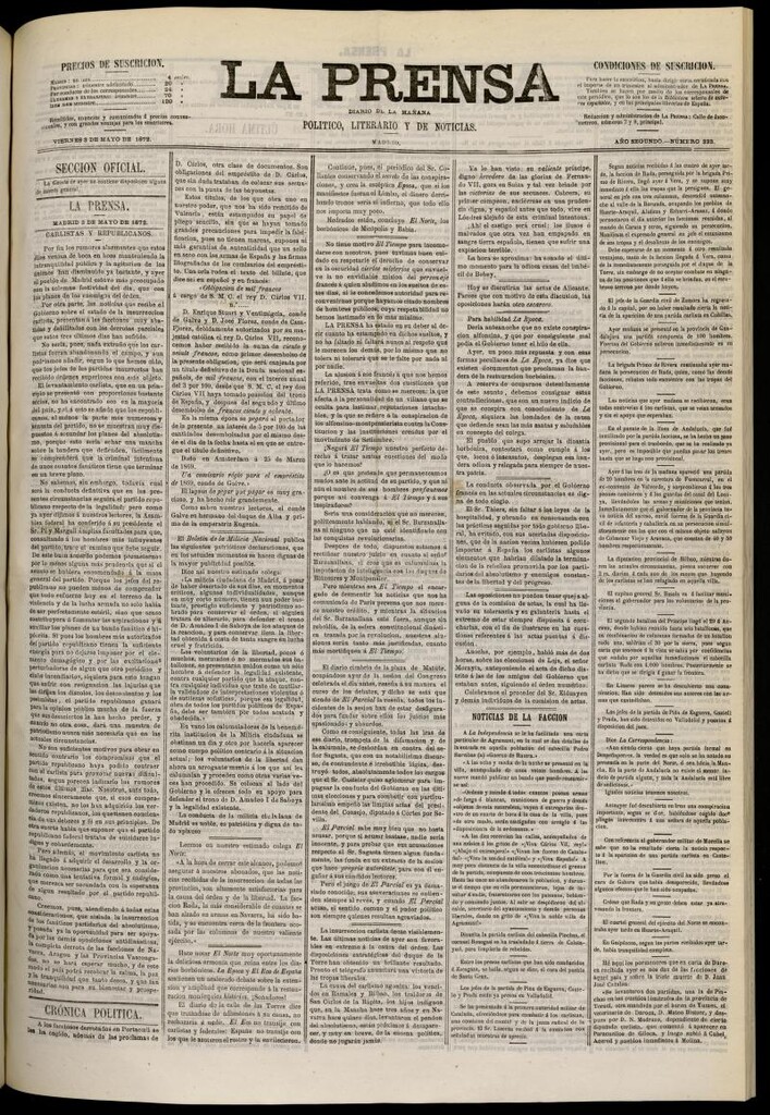 Miniatura de La Prensa : diario de la mañana : político, literario y de noticias del 3 de mayo de 1872, nº 333
