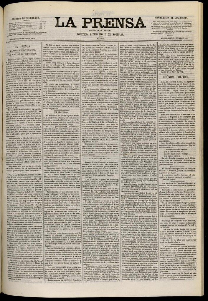 Miniatura de La Prensa : diario de la mañana : político, literario y de noticias del 4 de mayo de 1872, nº 334