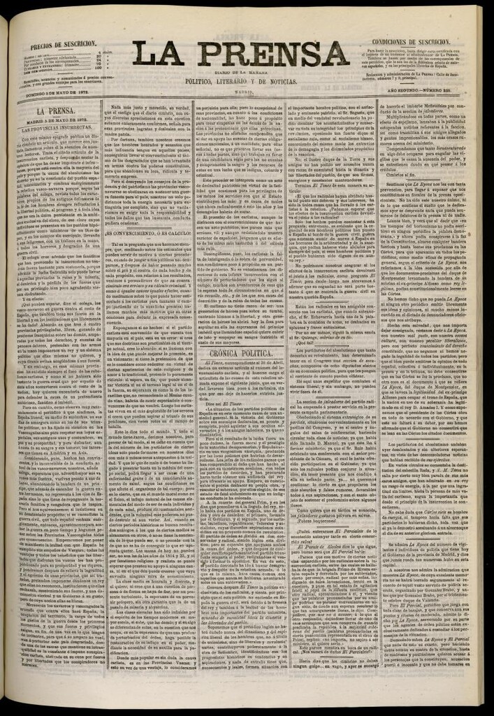 Miniatura de La Prensa : diario de la mañana : político, literario y de noticias del 5 de mayo de 1872, nº 335