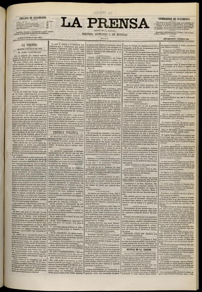 Miniatura de La Prensa : diario de la mañana : político, literario y de noticias del 6 de mayo de 1872, nº 336