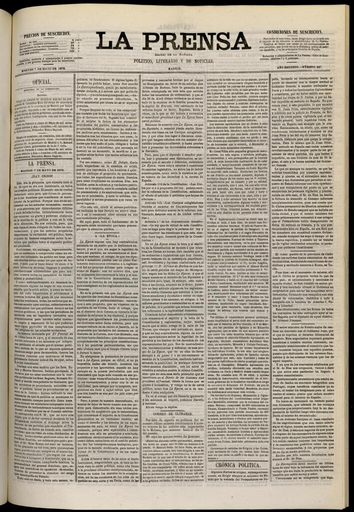 Miniatura de La Prensa : diario de la mañana : político, literario y de noticias del 7 de mayo de 1872, nº 337