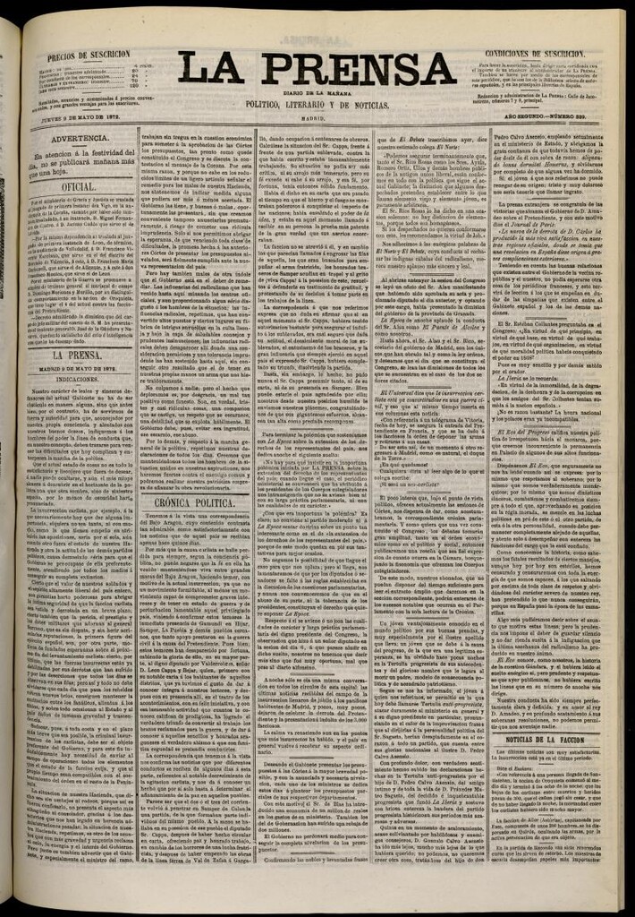 Miniatura de La Prensa : diario de la mañana : político, literario y de noticias del 9 de mayo de 1872, nº 339