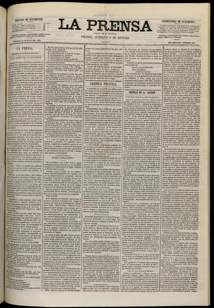 Miniatura de La Prensa : diario de la mañana : político, literario y de noticias del 10 de mayo de 1872, nº 340