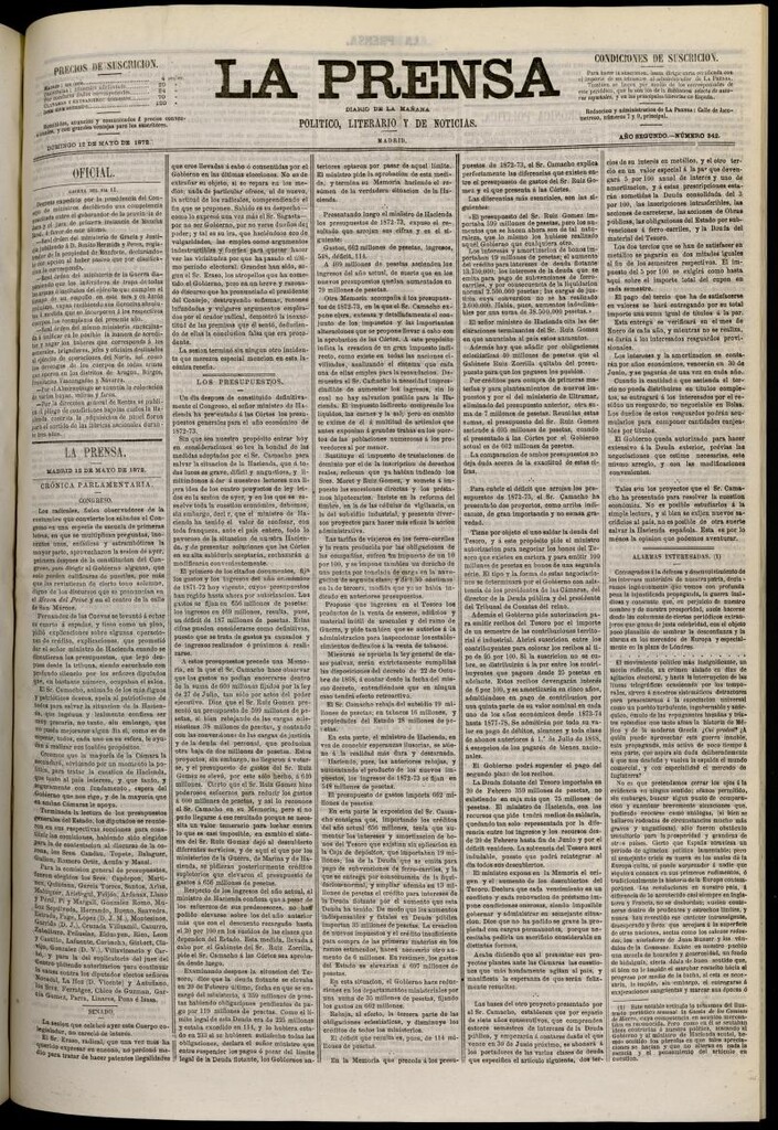 Miniatura de La Prensa : diario de la mañana : político, literario y de noticias del 12 de mayo de 1872, nº 342