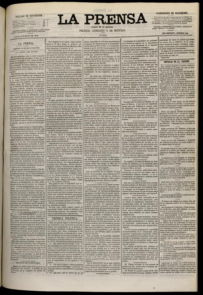 Miniatura de La Prensa : diario de la mañana : político, literario y de noticias del 13 de mayo de 1872, nº 343