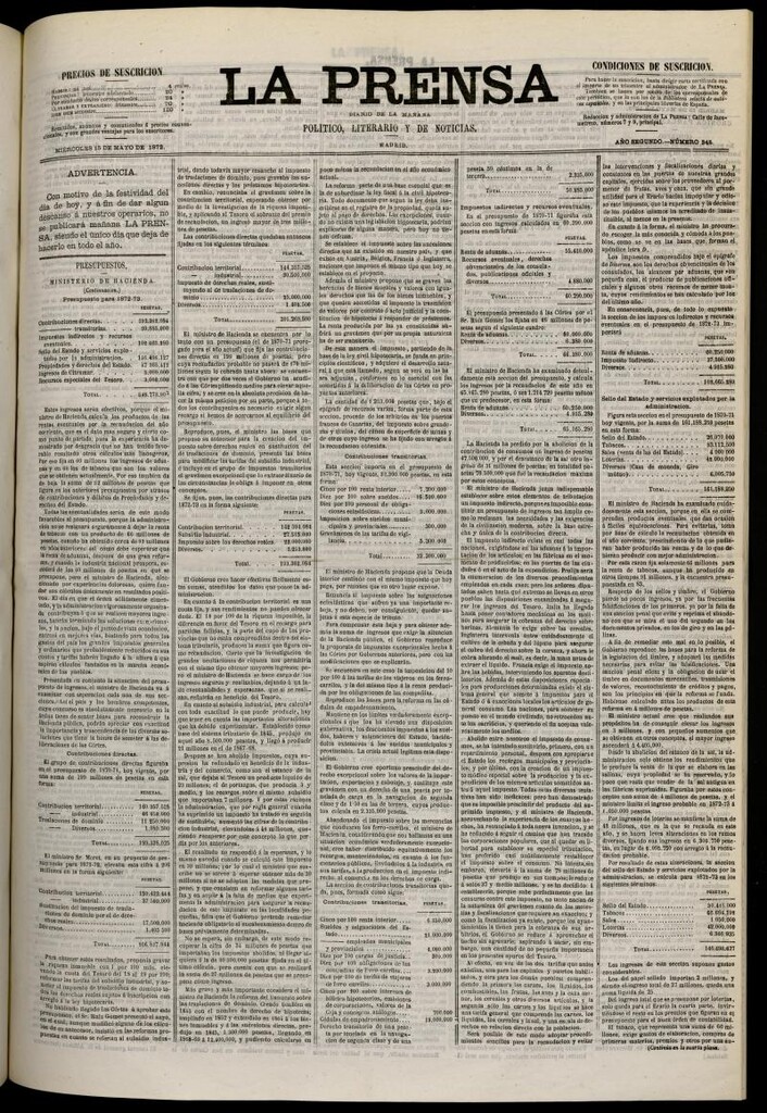 Miniatura de La Prensa : diario de la mañana : político, literario y de noticias del 15 de mayo de 1872, nº 345