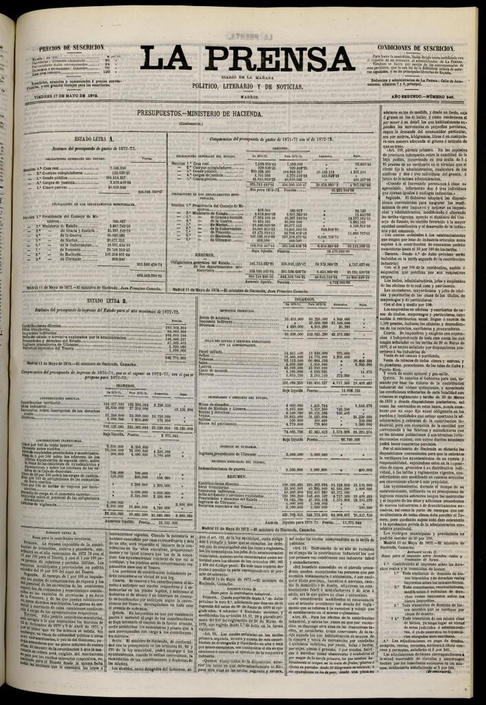 Miniatura de La Prensa : diario de la mañana : político, literario y de noticias del 17 de mayo de 1872, nº 346