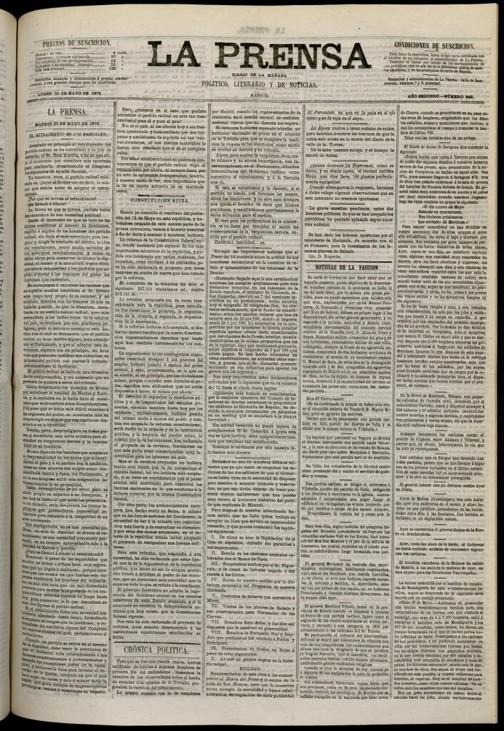Miniatura de La Prensa : diario de la mañana : político, literario y de noticias del 20 de mayo de 1872, nº 348