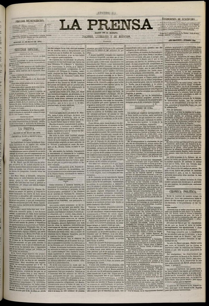 Miniatura de La Prensa : diario de la mañana : político, literario y de noticias del 21 de mayo de 1872, nº 349