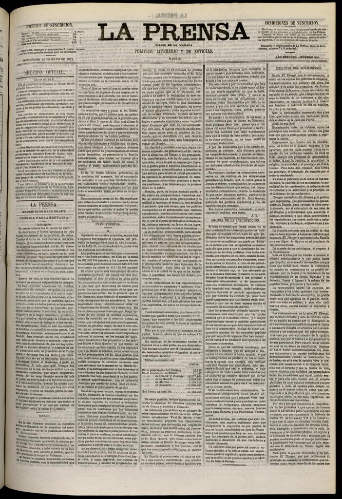 Miniatura de La Prensa : diario de la mañana : político, literario y de noticias del 22 de mayo de 1872, nº 350