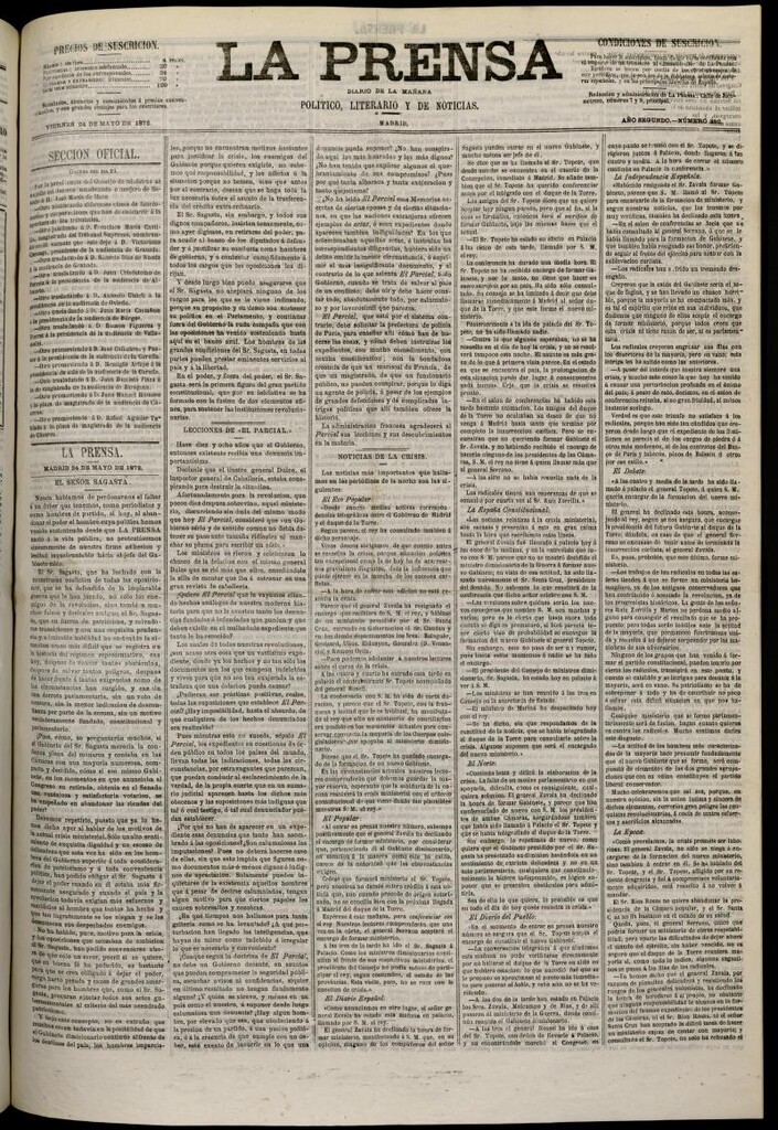 Miniatura de La Prensa : diario de la mañana : político, literario y de noticias del 24 de mayo de 1872, nº 352