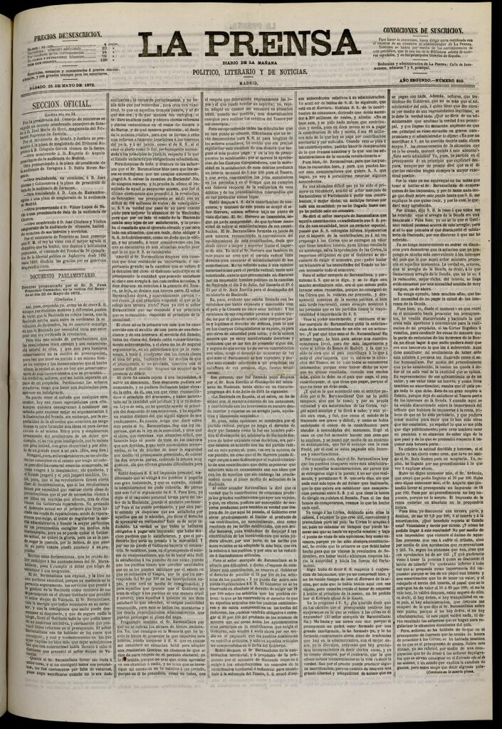 Miniatura de La Prensa : diario de la mañana : político, literario y de noticias del 25 de mayo de 1872, nº 353
