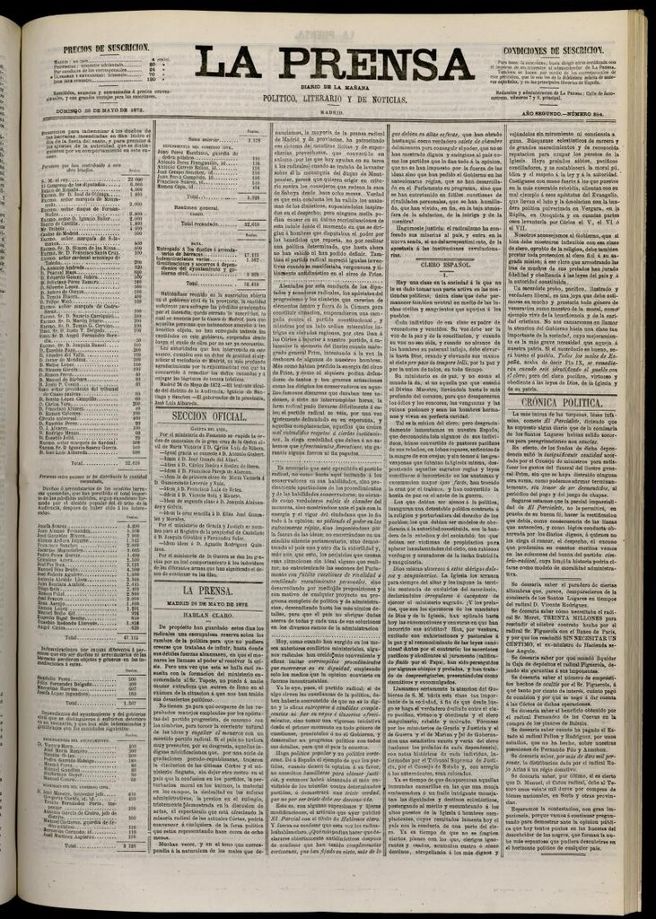 Miniatura de La Prensa : diario de la mañana : político, literario y de noticias del 26 de mayo de 1872, nº 354