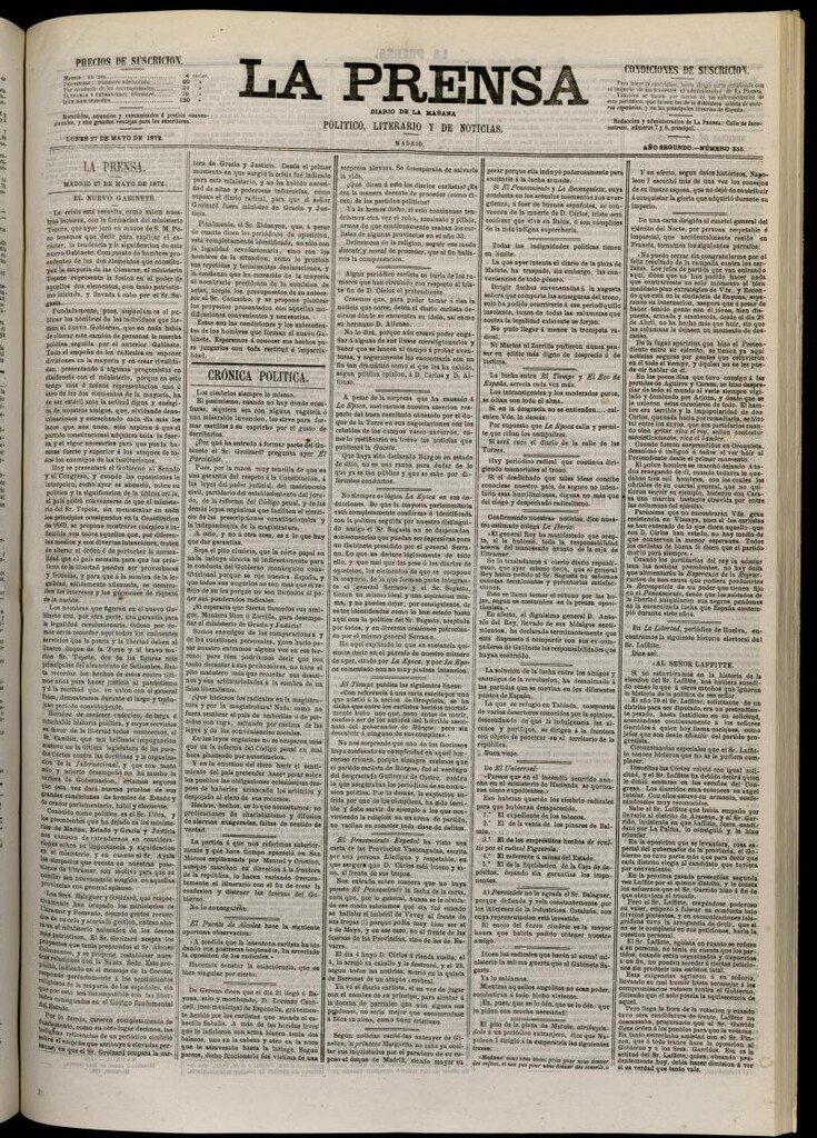Miniatura de La Prensa : diario de la mañana : político, literario y de noticias del 27 de mayo de 1872, nº 355
