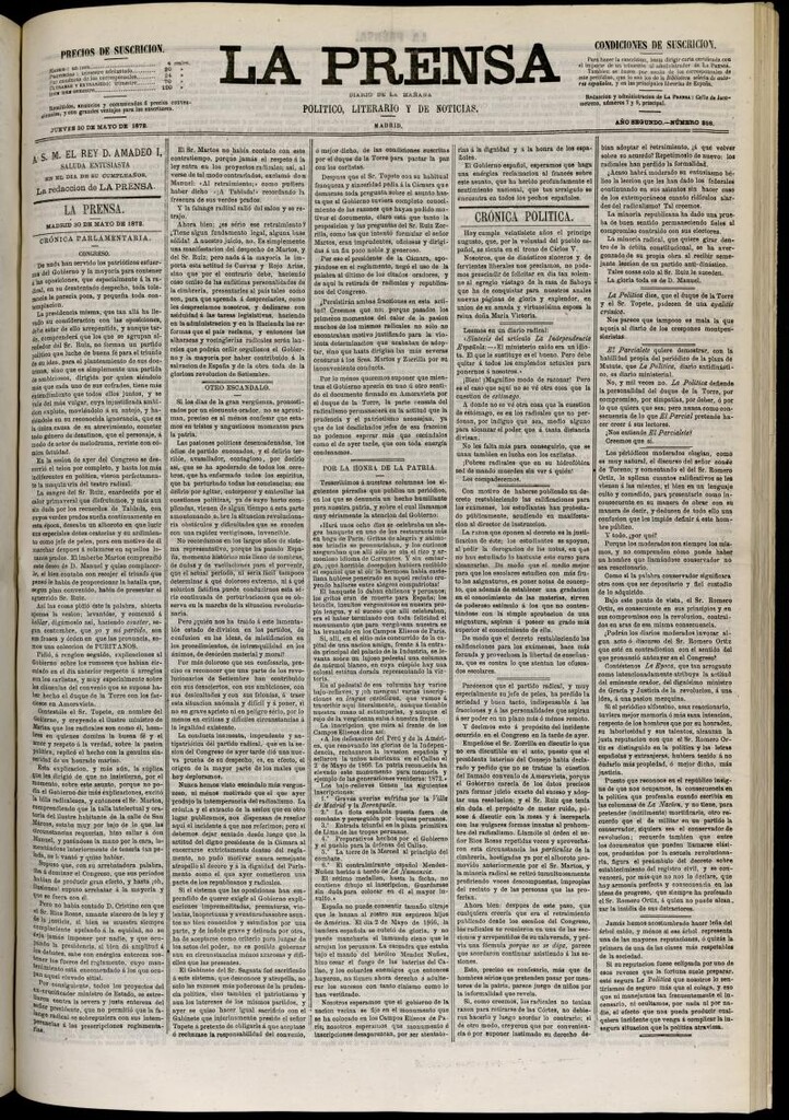 Miniatura de La Prensa : diario de la mañana : político, literario y de noticias del 30 de mayo de 1872, nº 358